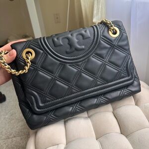 Tory Burch Black Quilted Shoulder Bag with Gold Chain